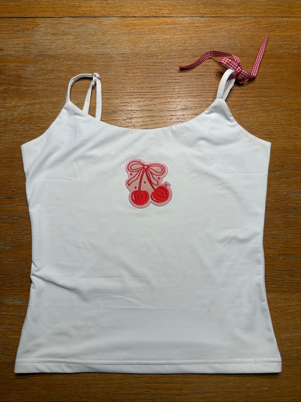 White Tank Top with Red Cherry Applique and Tie Strap